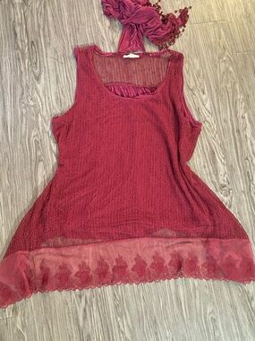 Indigo Thread Co. Red Boho Layered Sleeveless Tunic with Shawl